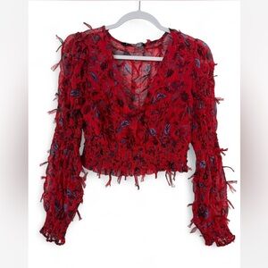 Zara Red Floral V-Neck Smocked Crop Top